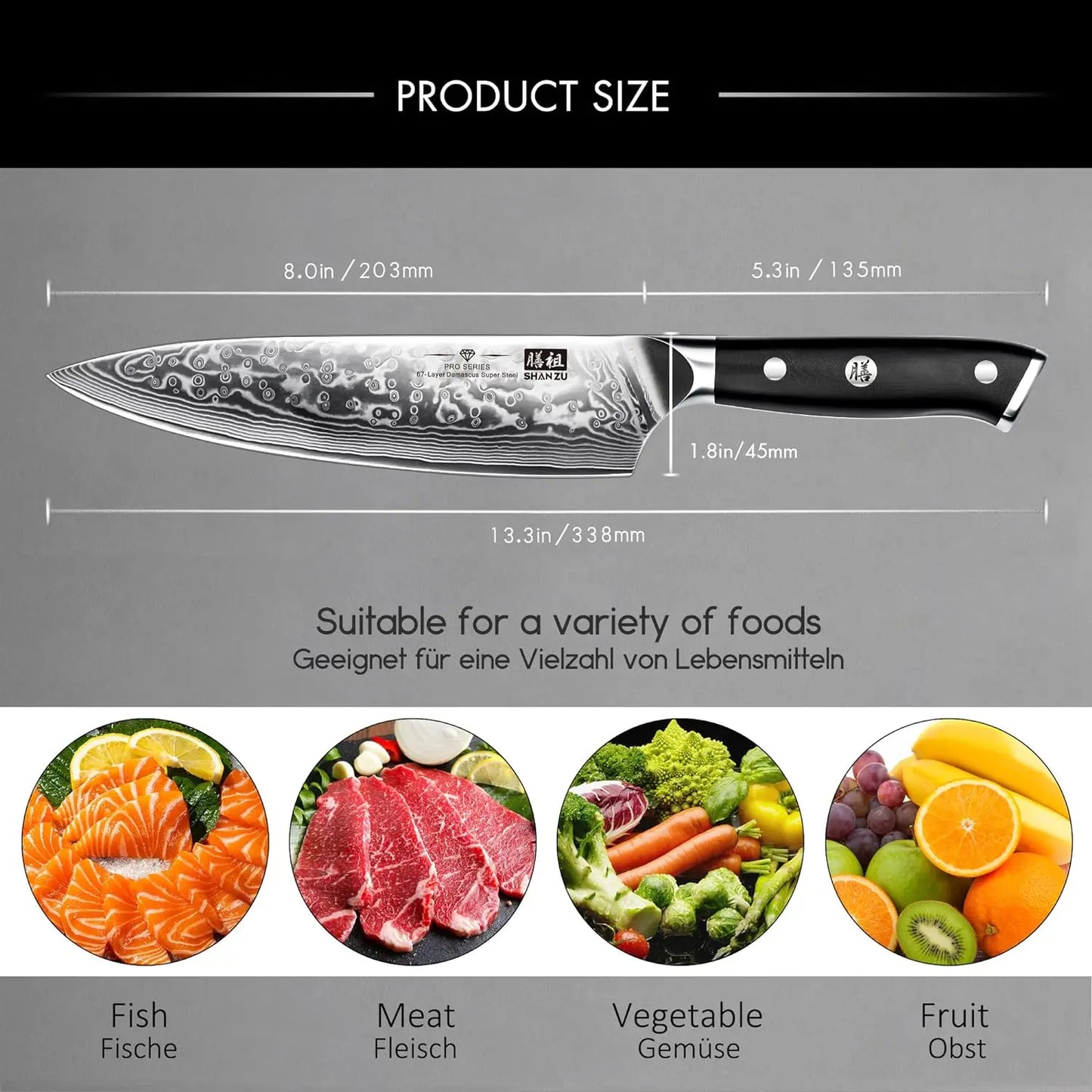 SHAN ZU 67 Layers 8'' Damascus Steel Chef Knife, AUS-10, Professional Japanese Kitchen Cooking Knife,Ergonomic Handle, Gift Box