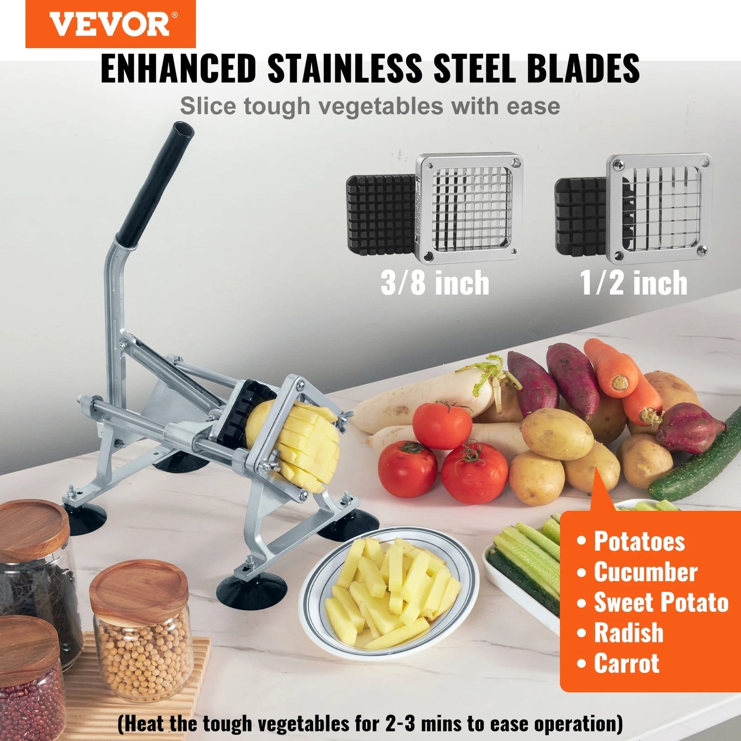 VEVOR cortador manual profesional de patatas fritas, cortador de verduras multifuncion ,cuerpo de aluminio con 2 cuchillos de acero inoxidable