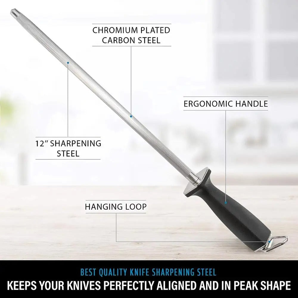 LMETJMA Premium 12 inch Knife Sharpener Rod Chef Diamond Sharpening Honing Rod Stick for all Kitchen Knifes KC0311